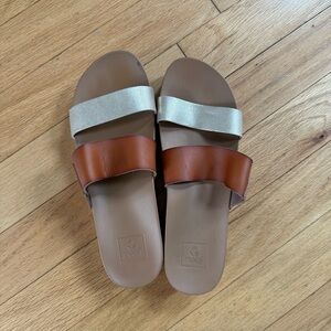 Reef Two-strap Slide Sandals in Metallic Gold and Cognac Brown